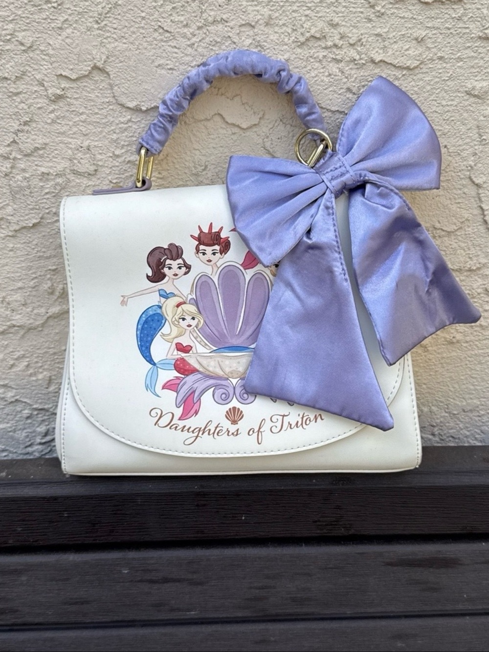 Loungefly White Satchel with Lavender Bow and Ruched Handle